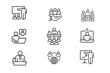  Business Meeting and Online Presentation Icon Set - Vector Line Art