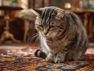Cat sitting on patterned rug