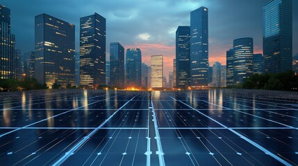 Obraz premium Urban solar panels blend with nature, symbolizing sustainable energy in modern cities.