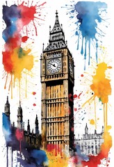 Big Ben and London Skyline in Vibrant Watercolor Splash Art perfect for T-shirt, postcard, posters