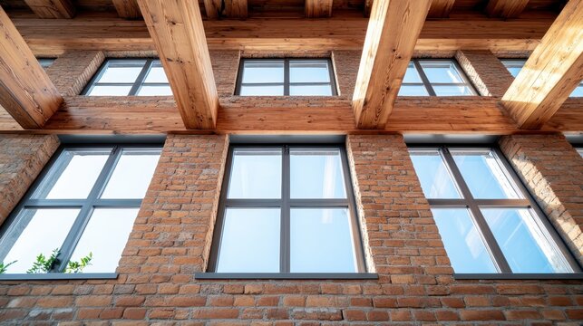 A stylish loft interior featuring large modern windows framed by rustic wooden beams, showcasing a blend of contemporary and traditional design elements.