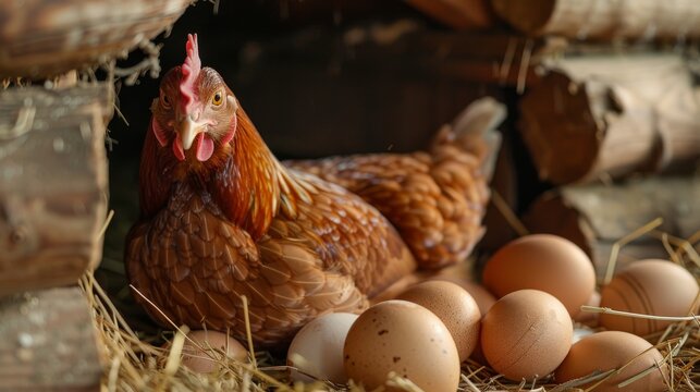 A serene image of a hen nesting comfortably among freshly laid eggs, symbolizing warmth, fertility, and the cycle of life in a rustic farm setting.