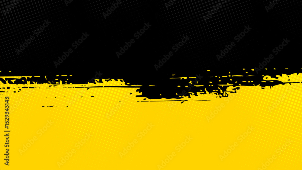 Canvas Prints yellow background with half area black brush strokes with halftone dots.