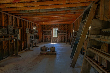 Interior of an abandoned lamphouse building at a coal mine at Nordegg, Alberta, Canada