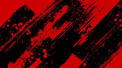 Red background with diagonal black brush strokes and scattered red drops.