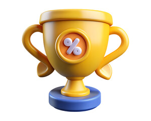 3D winner trophy cup holding yellow percentage medal representing discount reward, promotion, and incentive