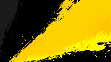 Yellow background with overlapping diagonal black brush strokes and halftone dots.