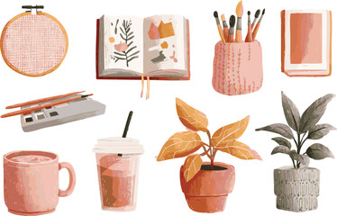 cute summer hobbies paiting reading gardening coffee vector illustration editable