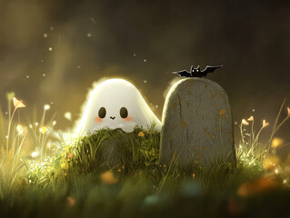 Cartoonish ghost is sitting on a grave stone. The ghost is smiling and has a happy expression. Scene is lighthearted and playful