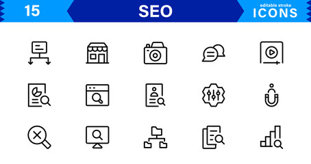SEO Icon Set Featuring Search Engine Optimization, Keywords, Analytics, Ranking, and Traffic Concepts in a Clean, Professional Vector Style
