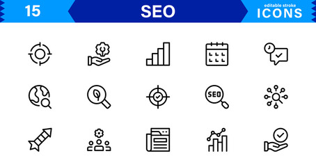 SEO Icon Set Featuring Search Engine Optimization, Keywords, Analytics, Ranking, and Traffic Concepts in a Clean, Professional Vector Style