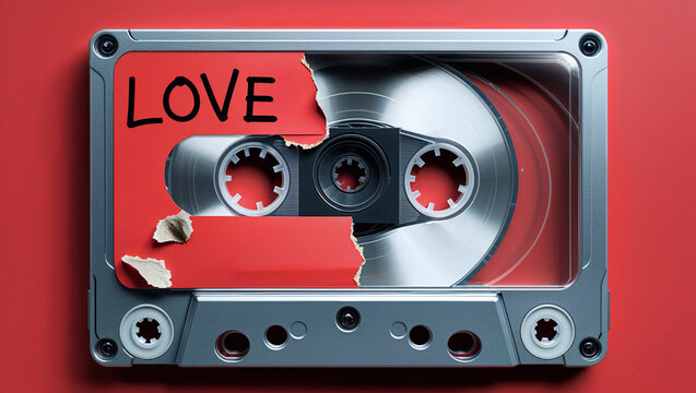 Retro cassette tape with handwritten love message on red background closeup view