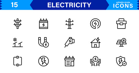 Electricity Icon Collection with Power, Energy, Electrical Equipment, Circuit, and Renewable Energy Symbols in a Simple, Marketable Design