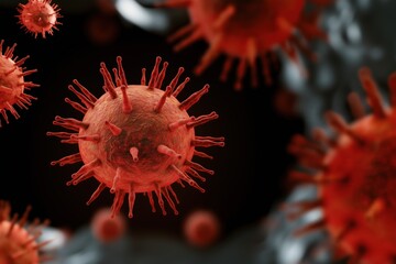 A hyper-realistic 3D medical illustration of the Epstein-Barr virus, showing spherical red viral particles with spiky protein projections on a dark blurred background. 