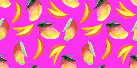 seamless pattern of whole and cut mango hand painted watercolor illustration on pink background
