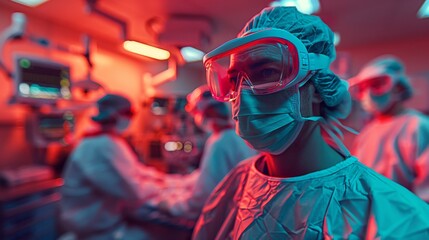 An intense moment in a high-tech operating room is captured, showcasing surgeons focused on a procedure, wearing protective gear and exemplifying surgical precision.