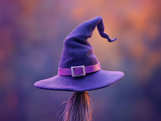 Purple witch hat with a purple ribbon on it. The hat is on a stick and is in front of a purple background
