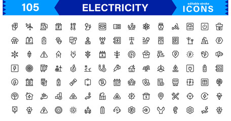 Electricity Icon Collection with Power, Energy, Electrical Equipment, Circuit, and Renewable Energy Symbols in a Simple, Marketable Design