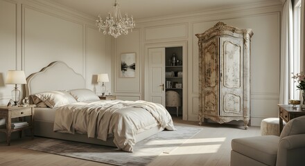 Serene and Elegant Master Bedroom Interior Design Luxurious Neutral Tones, Antique Armoire, and Soft Natural Light