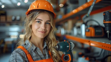 A skilled woman in a workshop wearing an orange safety helmet, ready to work with a drill, showcasing empowerment in manual labor and the importance of women in trades.
