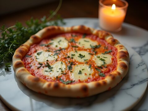 Freshly baked cheese pizza on a marble surface with herbs on the side during a cozy evening gathering