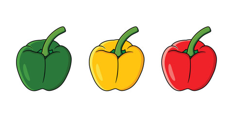 Three vibrant bell peppers green, yellow, and red, glowing with freshness and smooth textures