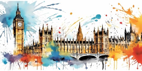 Big Ben and London Skyline in Vibrant Watercolor Splash Art perfect for T-shirt, postcard, posters