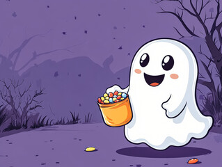 Cartoon ghost holding a basket of candy. The ghost is smiling and he is happy. The image has a Halloween theme, with the ghost holding a basket of candy, which is a common symbol of the holiday