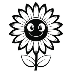 Smiling cartoon sunflower with big eyes and stem appears playful and inviting