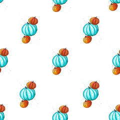 Seamless pattern of orange, blue pumpkins standing one on another. Hand drawn watercolor illustration on white background with some splashes