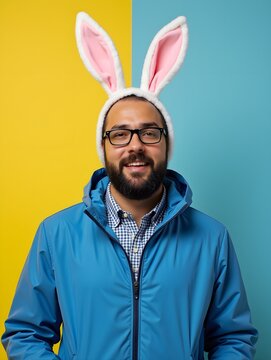 A man in a blue jacket and bunny ears on a yellow and blue background