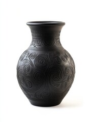 Black engraved vase isolated on white background, hyper-detailed illustration with natural lighting - professional high-resolution product photography