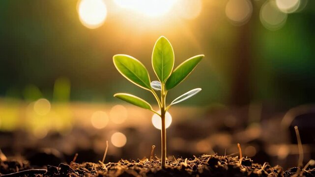 New plant growing in sunlight on fertile ground, symbolizing environmental protection and sustainability.