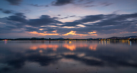 Breathtaking Sunset Over a Tranquil Lake with Reflections and Vibrant Colors