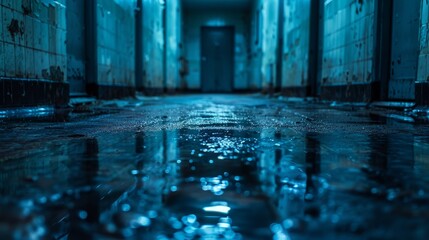 A dimly lit, abandoned corridor reflects water on the floor, creating an eerie atmosphere filled with mystery, inviting viewers to contemplate stories of the forgotten.