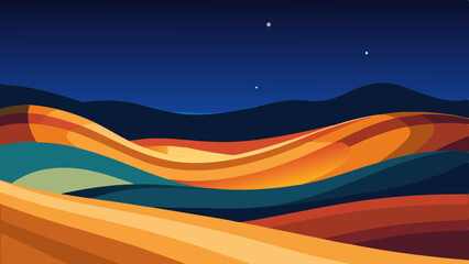 Minimalist Desert Landscape at Night with Starry Sky and Stylized Sand Dunes – Vector Illustration