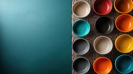A vibrant display of various colored bowls featuring shades of red, blue, and yellow, set against a textured background that accentuates their unique shapes and colors.
