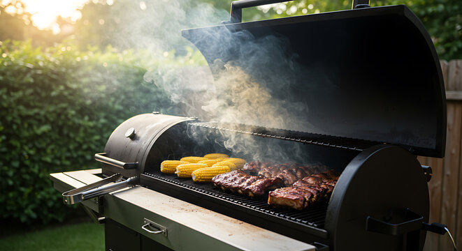 A large backyard smoker grill cooking delicious BBQ pork ribs and corn on the cob. A classic, smoky summer cookout scene in the warm light of sunset.