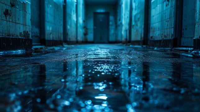A dimly lit, abandoned corridor reflects water on the floor, creating an eerie atmosphere filled with mystery, inviting viewers to contemplate stories of the forgotten.