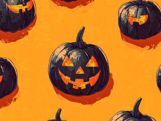 Black pumpkin with a smiley face on it is surrounded by other black pumpkins. The scene is set in a Halloween-themed environment