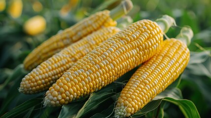 The image depicts ripe and fresh corn cobs neatly arranged against a backdrop of lush green leaves, highlighting the beauty of nature and agriculture.