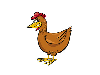 Cartoon Brown Hen Standing Proudly on White Background