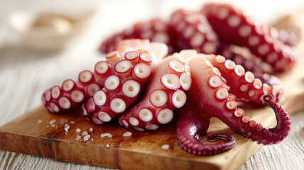 Octopus tentacles freshly sliced on a chef board
