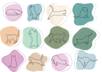 collection of cats line in  colored spots,silhouette of a cat with a curved back, ,silhouette of cat in different poses in pastel  circles,  cat doing gymnastics