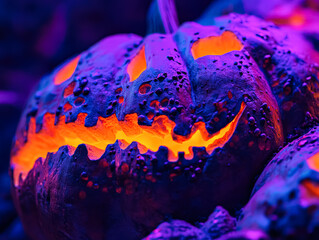 Pumpkin with a glowing orange face is lit up in a dark room. The pumpkin has a creepy, scary appearance, which is typical of Halloween decorations