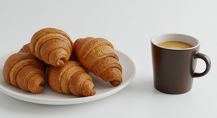 Freshly Baked Croissants on a White Plate with Coffee Cup Isolated on White Background for Breakfast Table Scene