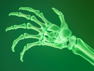 Skeleton hand is shown in a green color with a green background. The hand is made of bones and he is in a greenish hue. The background is also green, creating a cohesive and vibrant color scheme