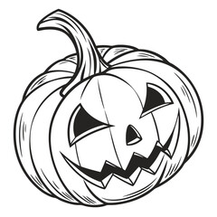 Stylized monochrome pumpkin with carved features showcases a vintage Halloween motif in an appealing line art