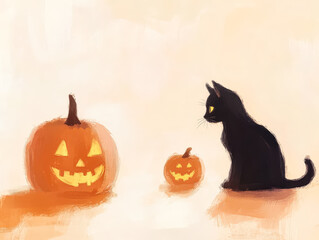 Black cat is sitting in front of two pumpkins, one of which has a smiley face. The scene is set in a Halloween-themed environment, with the cat looking at the pumpkins as if it's curious or playful