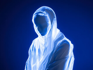 Woman is wearing a white dress and a blue scarf. The dress is made of plastic and the scarf is made of plastic. The woman is standing in front of a blue background